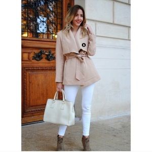 HOLD❣️Beige tan draped belted coat waterfall style